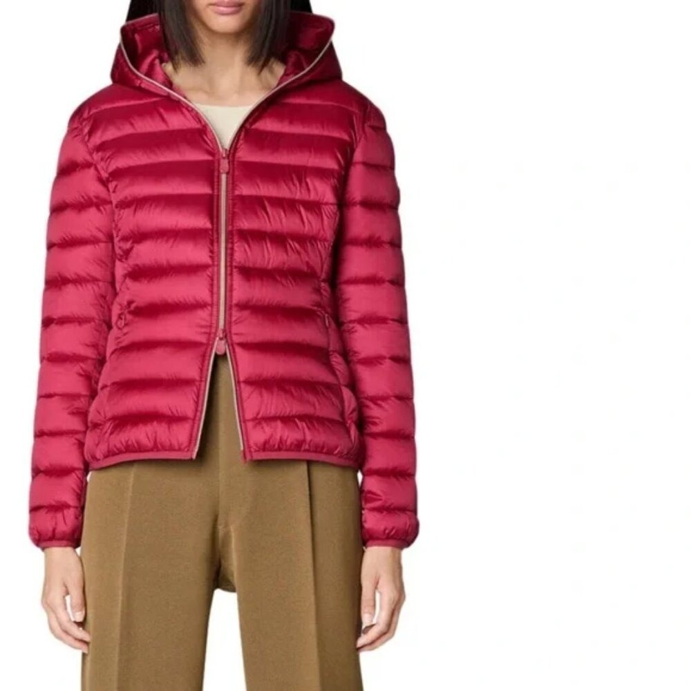 Save The‎ Duck Womens 1X Ultra Light Hooded Puffer Jacket Magenta Plumtech Pink
